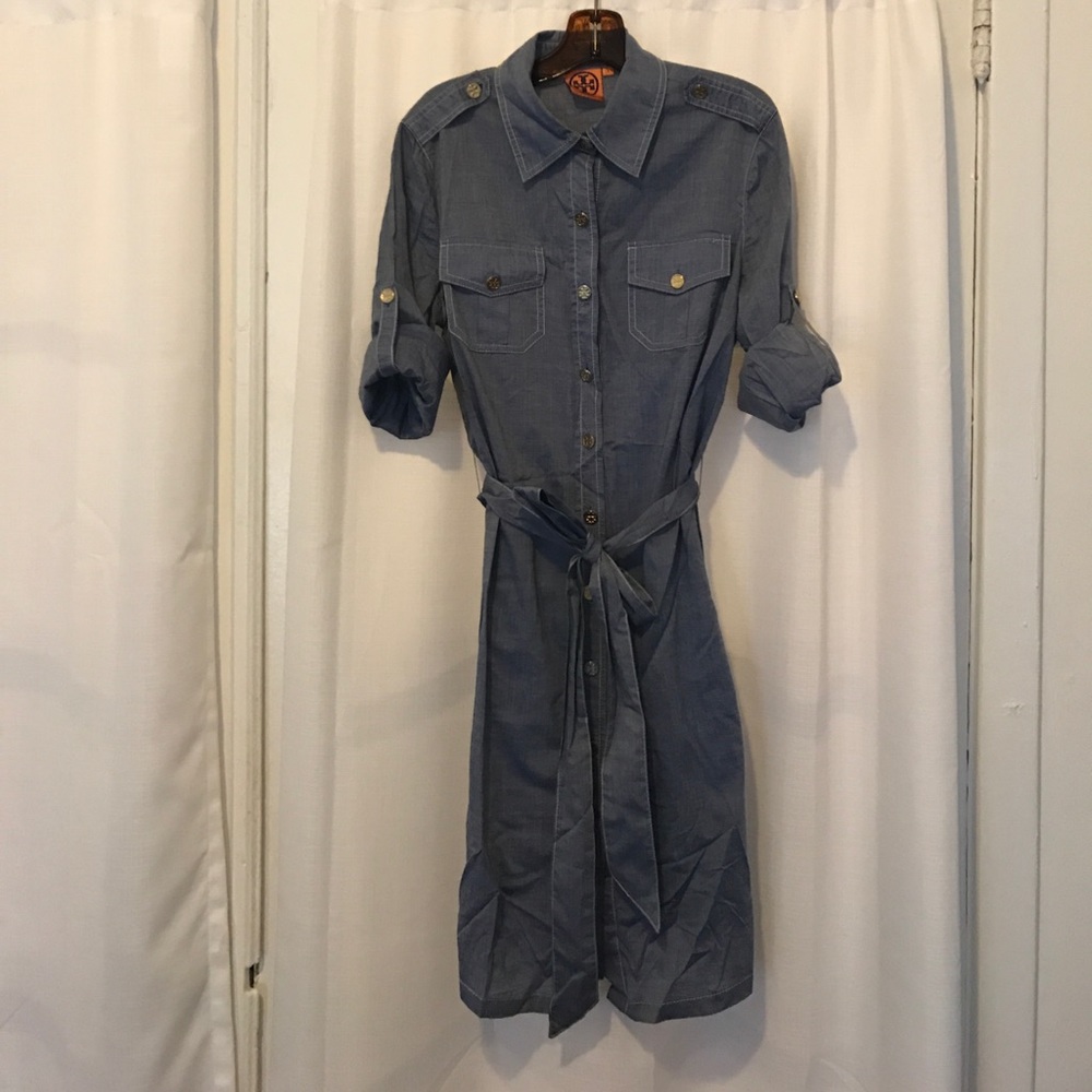 Tory Butch Chambray Shirt Dress with waist tie